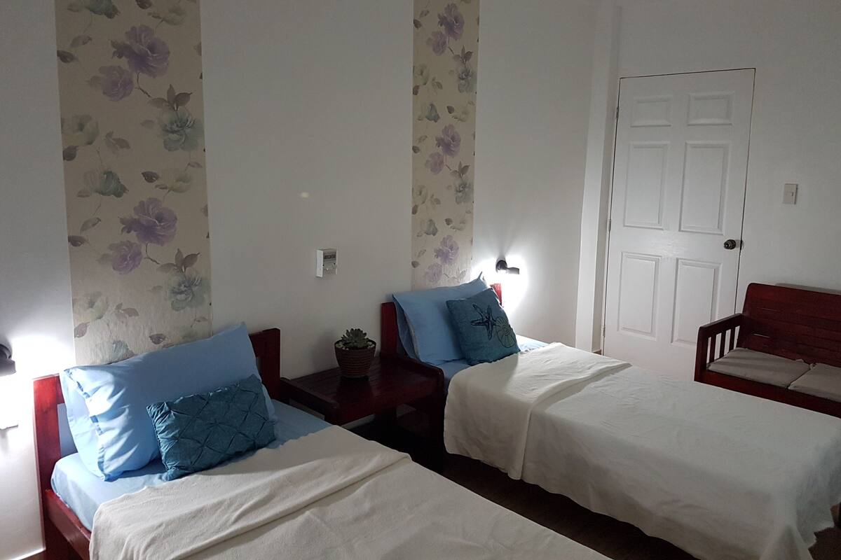 A room with two beds, each with a blue pillow and a white bedspread. There is a wooden chair and a small table with a plant. The walls have floral wallpaper, and there is a white door.