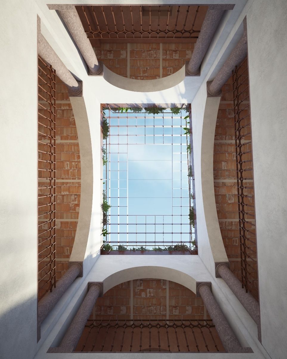 A courtyard with a grid-like window structure, brick walls, and arches.