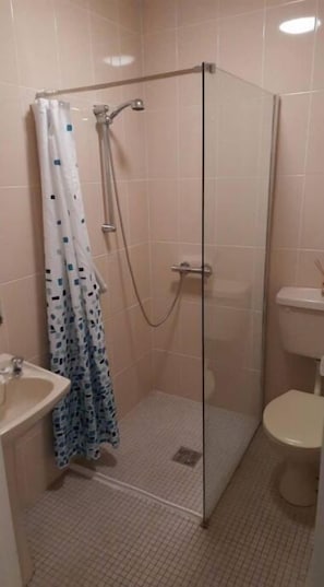 Dusche, Haartrockner, Handtücher, Seife