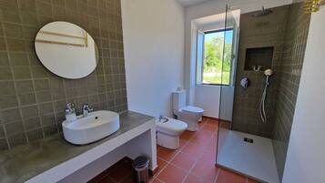 Shower, hair dryer, bidet, towels