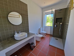 Shower, hair dryer, bidet, towels