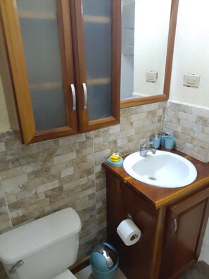 Shower, towels, soap, shampoo