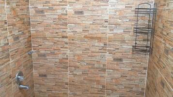 Shower, towels, soap, shampoo