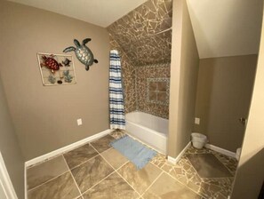 Hair dryer, towels, soap, toilet paper