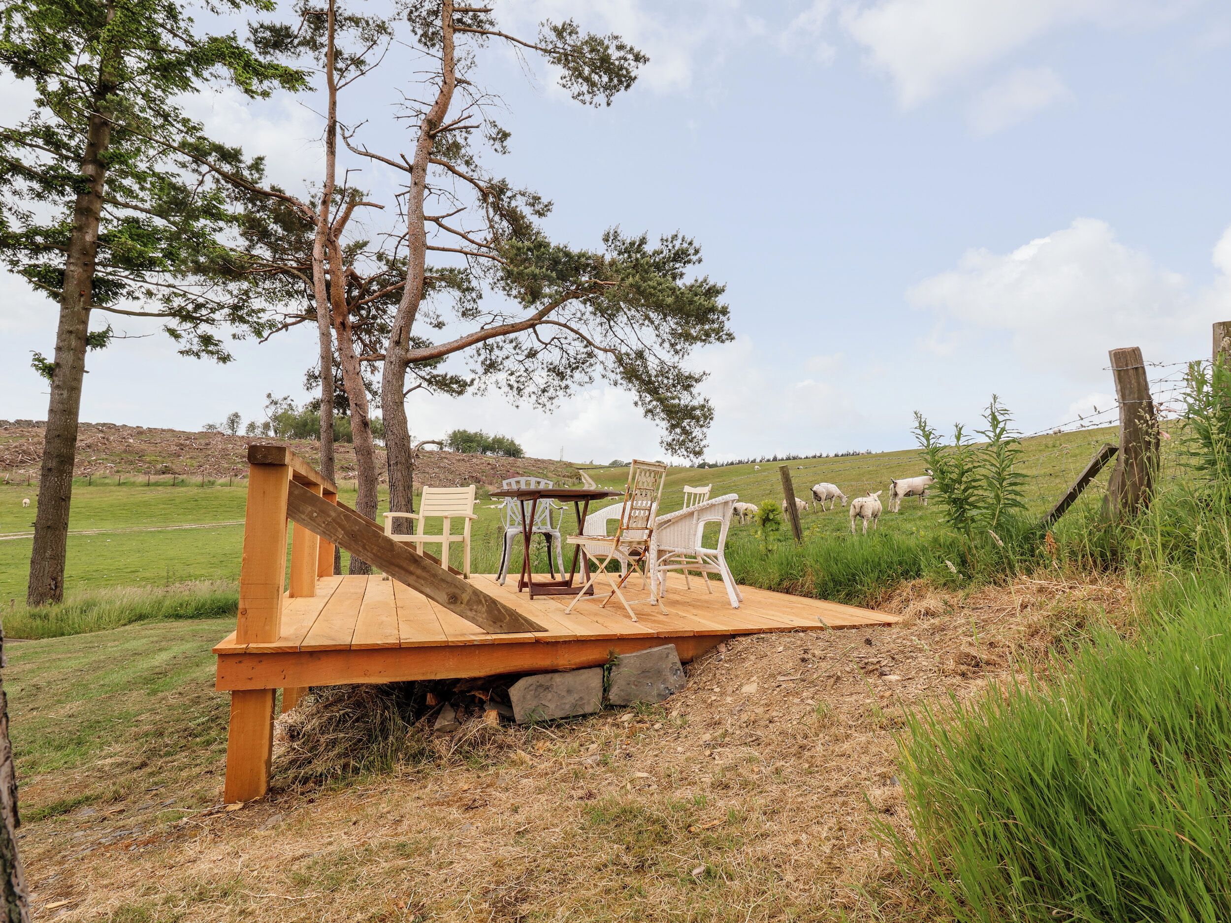 A wooden deck with outdoor furniture, surrounded by a grassy field and trees.