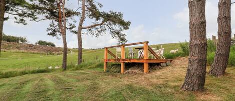 A rustic wooden structure in a grassy field with trees, likely a picnic or seating area.