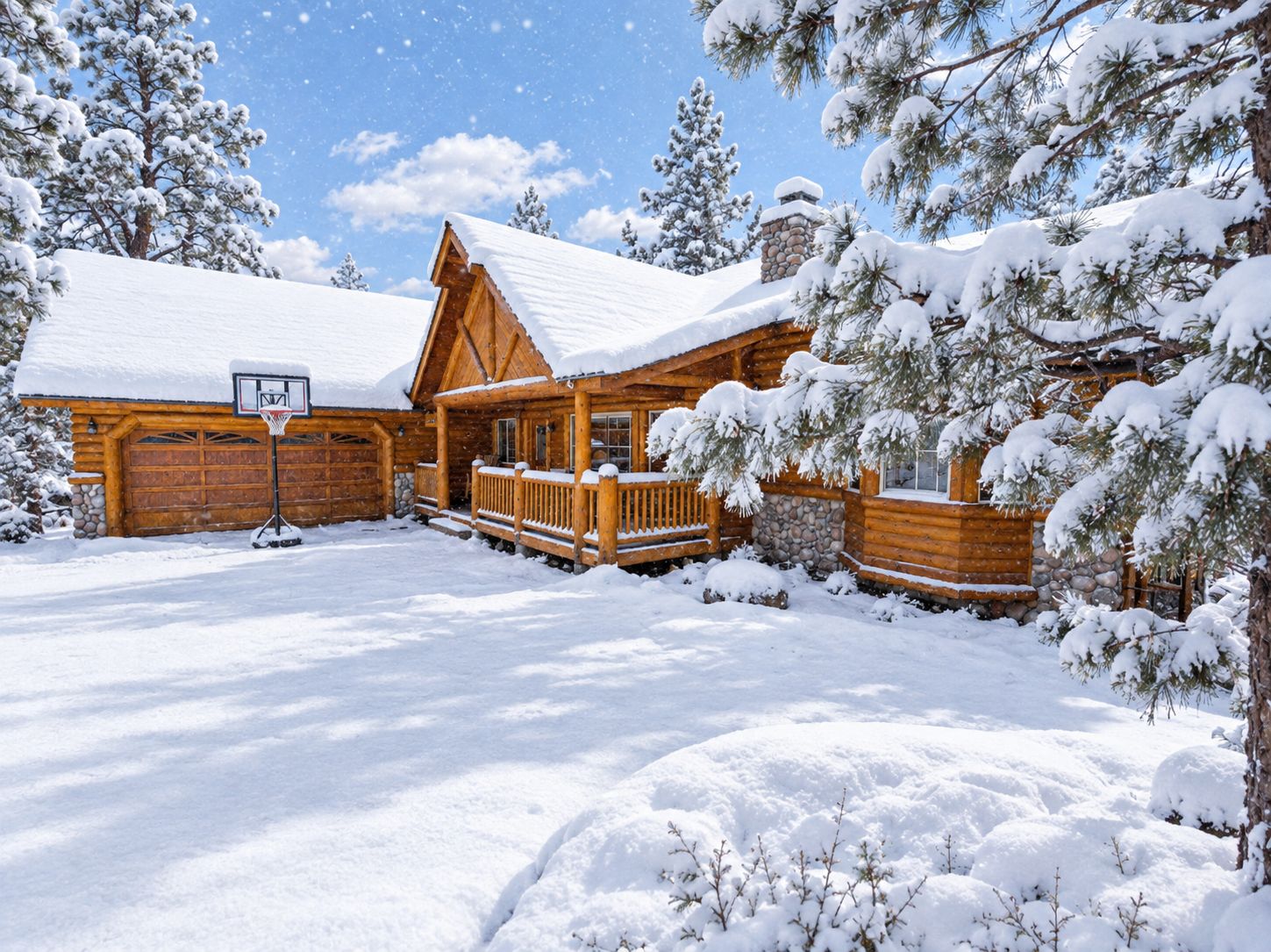 A log cabin with a snow-covered roof, a wooden deck, and a stone chimney.
