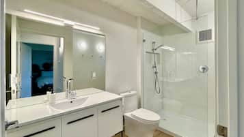 Regadera, secadora de cabello, toallas, jabón