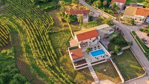 An aerial view of a property with a swimming pool, a stone house, and vineyard rows.