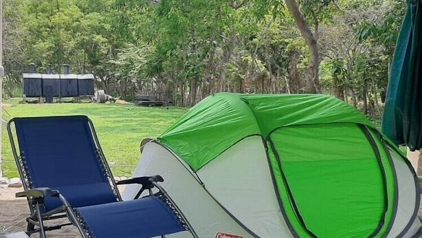 Uma tenda Coleman verde e branca com uma cadeira azul em frente.