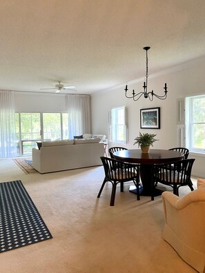 Interior - Spacious condo with views of oak canopy, gardens & pool. 5-minute walk to beach. (Indian River Shores)