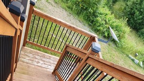 Un escalier extérieur en bois, doté d’une rampe métallique, mène à une zone herbeuse où se trouve une antenne parabolique.