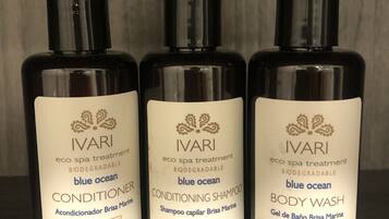 Shower, towels, soap, shampoo