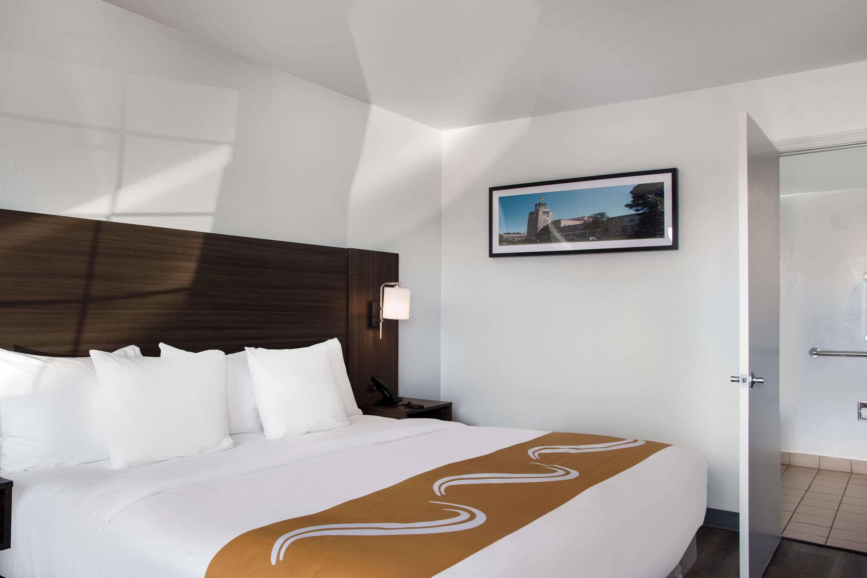 A hotel room with a large bed, a wooden headboard, a nightstand with a lamp, a framed picture on the wall, and a door leading to a bathroom.