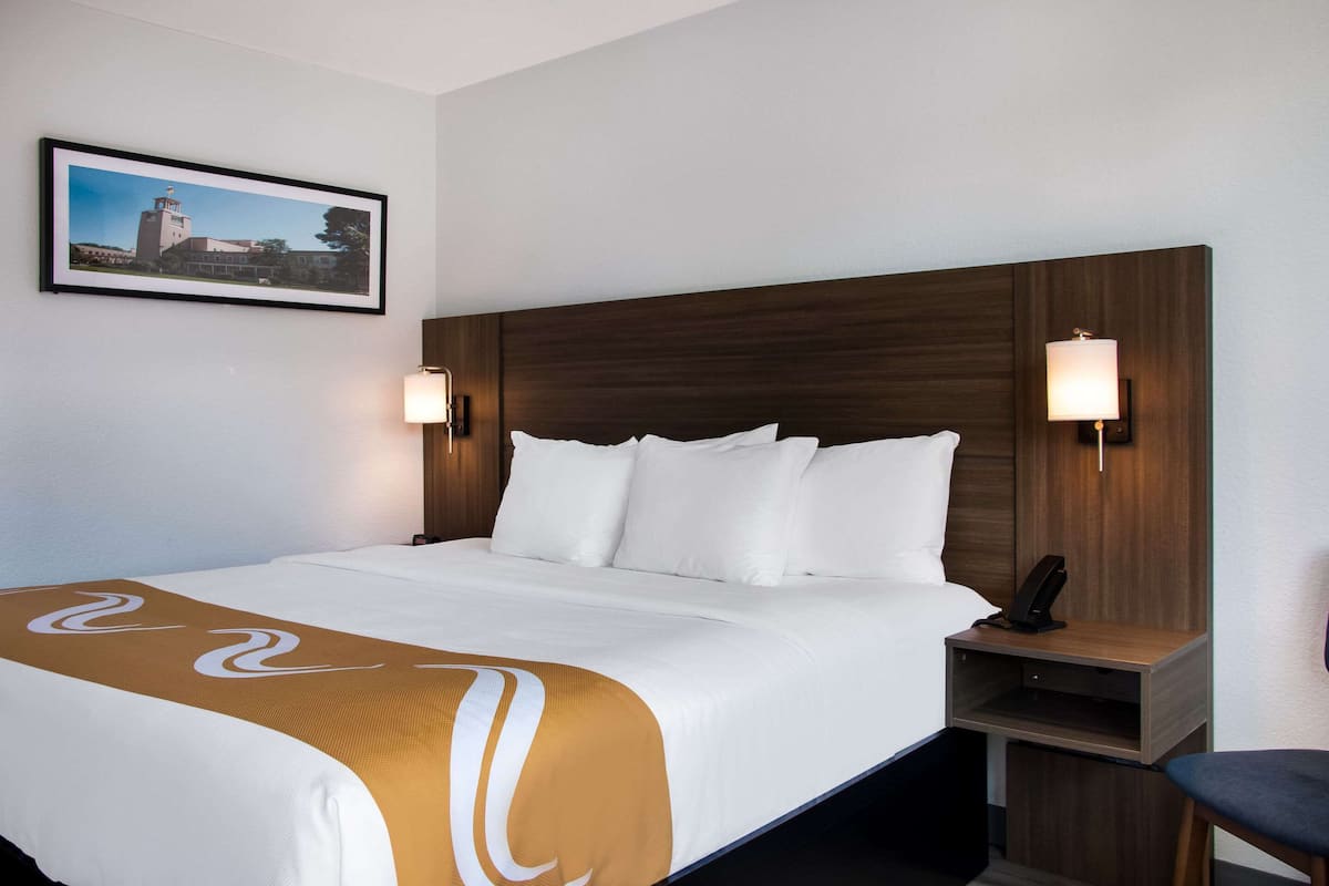 Une chambre d’hôtel avec un grand lit, une tête de lit en bois, deux lampes de chevet, une table de chevet et un tableau encadré au mur.