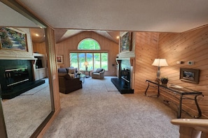 Smart TV, fireplace, foosball