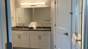 Shower, towels, soap, shampoo