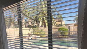 A window with horizontal blinds, a view of a pool, and palm trees outside. - Chandler retreat, golfers home away from home. STR license309317
tpt21606535 (Chandler)