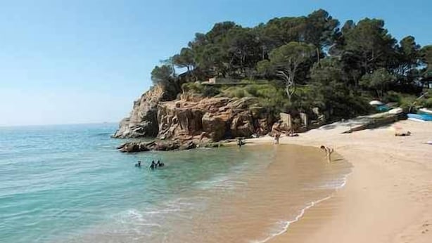 A beach with clear turquoise water, a sandy shore, and a rocky cliff with trees.
