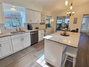 A modern kitchen with white cabinets, a granite countertop, and a built-in dishwasher.