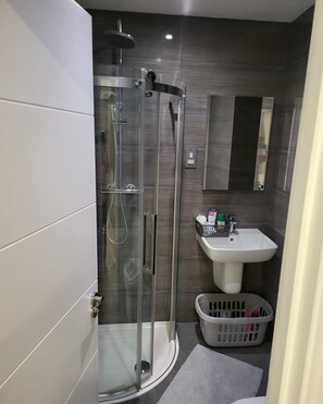 Hair dryer, towels, soap, toilet paper