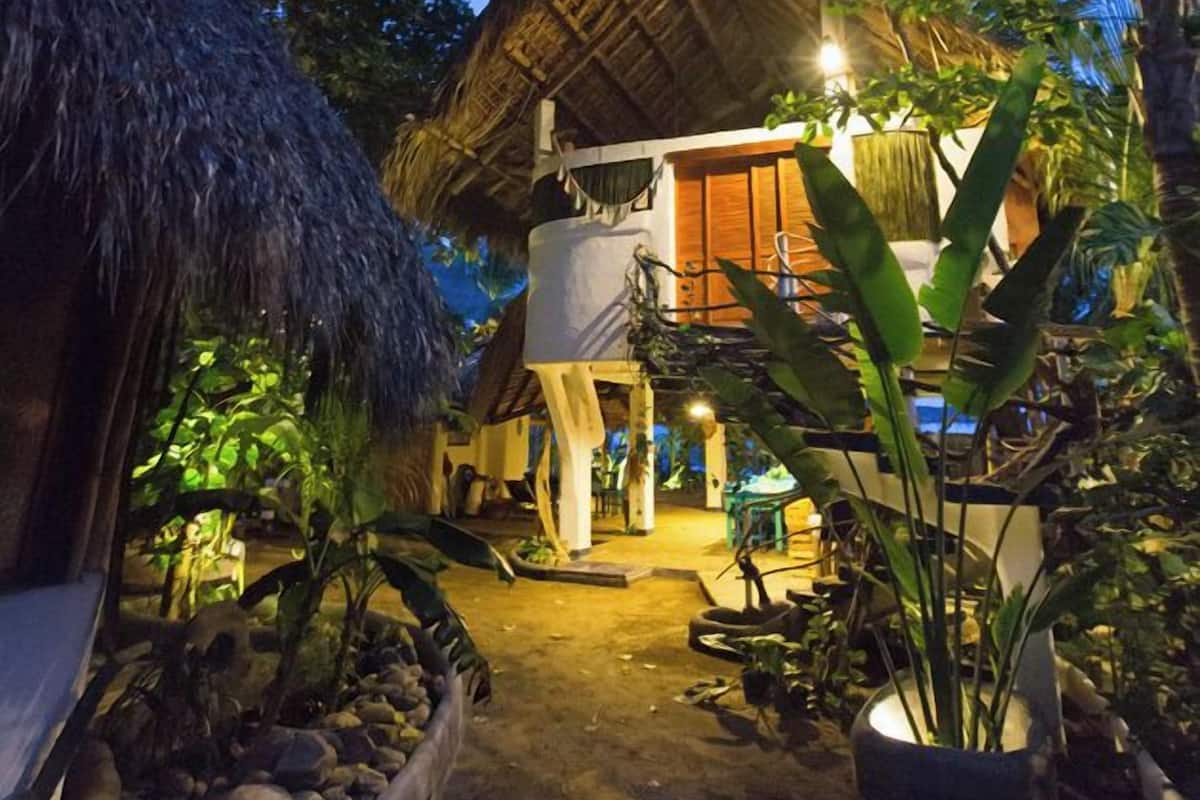 A thatched-roof structure with a wooden exterior, surrounded by tropical plants and a paved pathway leading to it.