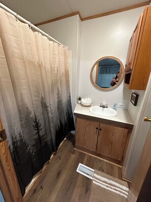 Hair dryer, towels, soap, shampoo