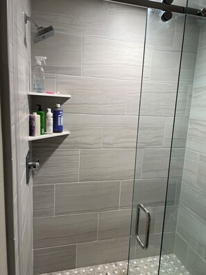 Shower, hair dryer, towels, soap