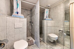 A modern bathroom with a shower, toilet, and a glass-enclosed shower area. - Holiday Apartment "Waldhorn" with Private Terrace, Shared Garden & Wi-Fi (Badenweiler)