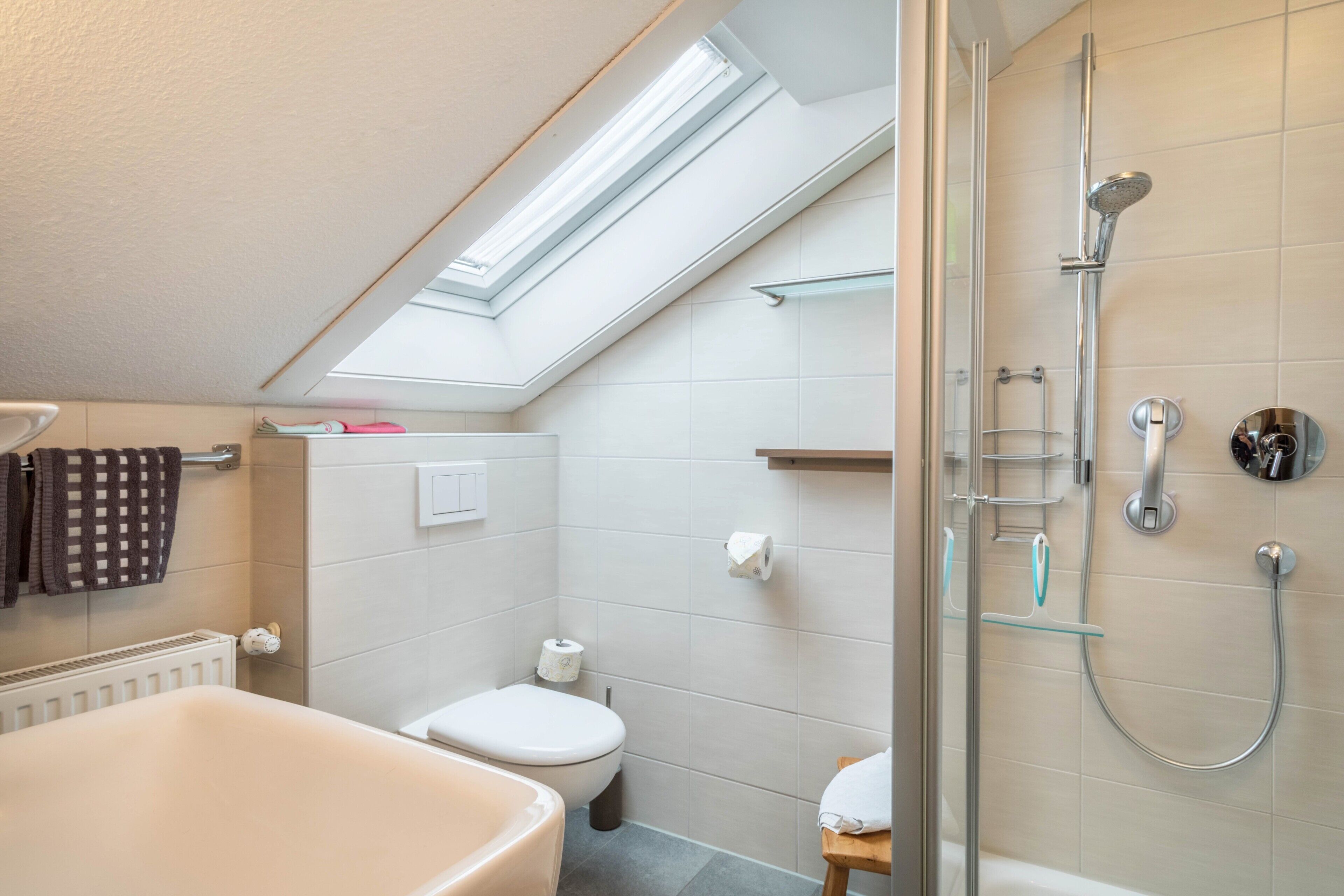 Ein modernes Badezimmer mit Oberlicht, einer Badewanne, einer Toilette und einer Dusche.