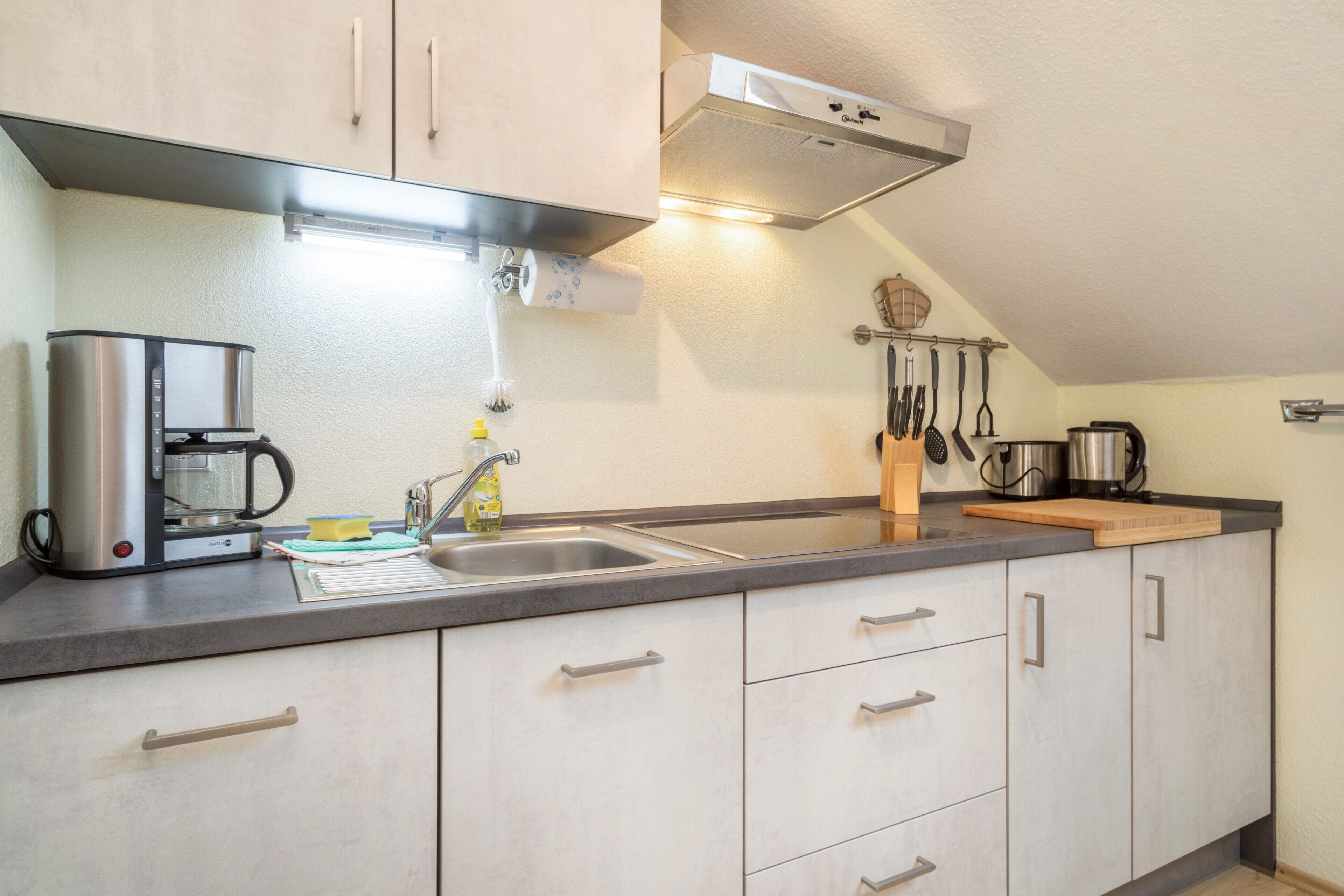 Fridge, stovetop, dishwasher, coffee/tea maker