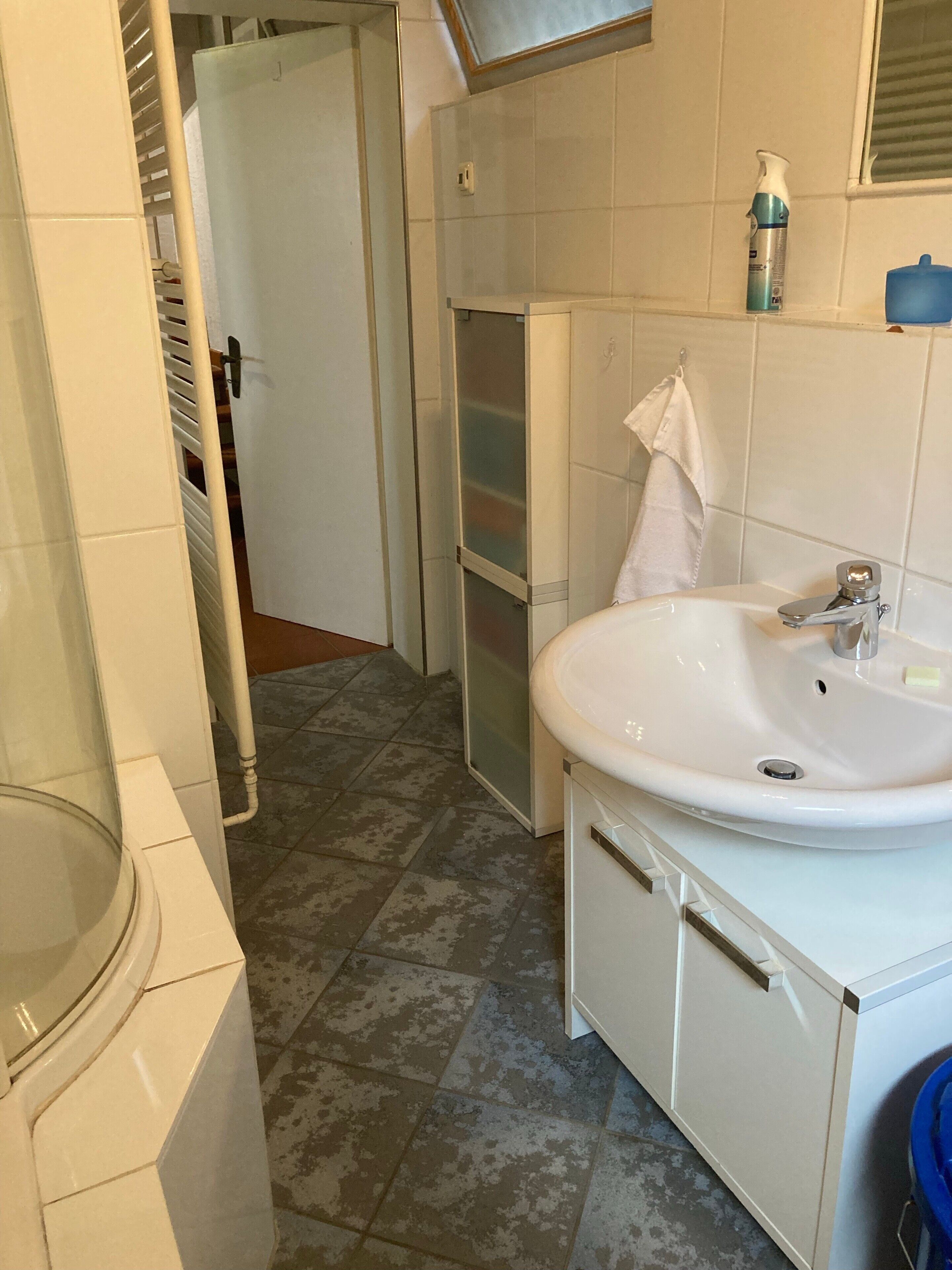 Bathtub, hair dryer, towels