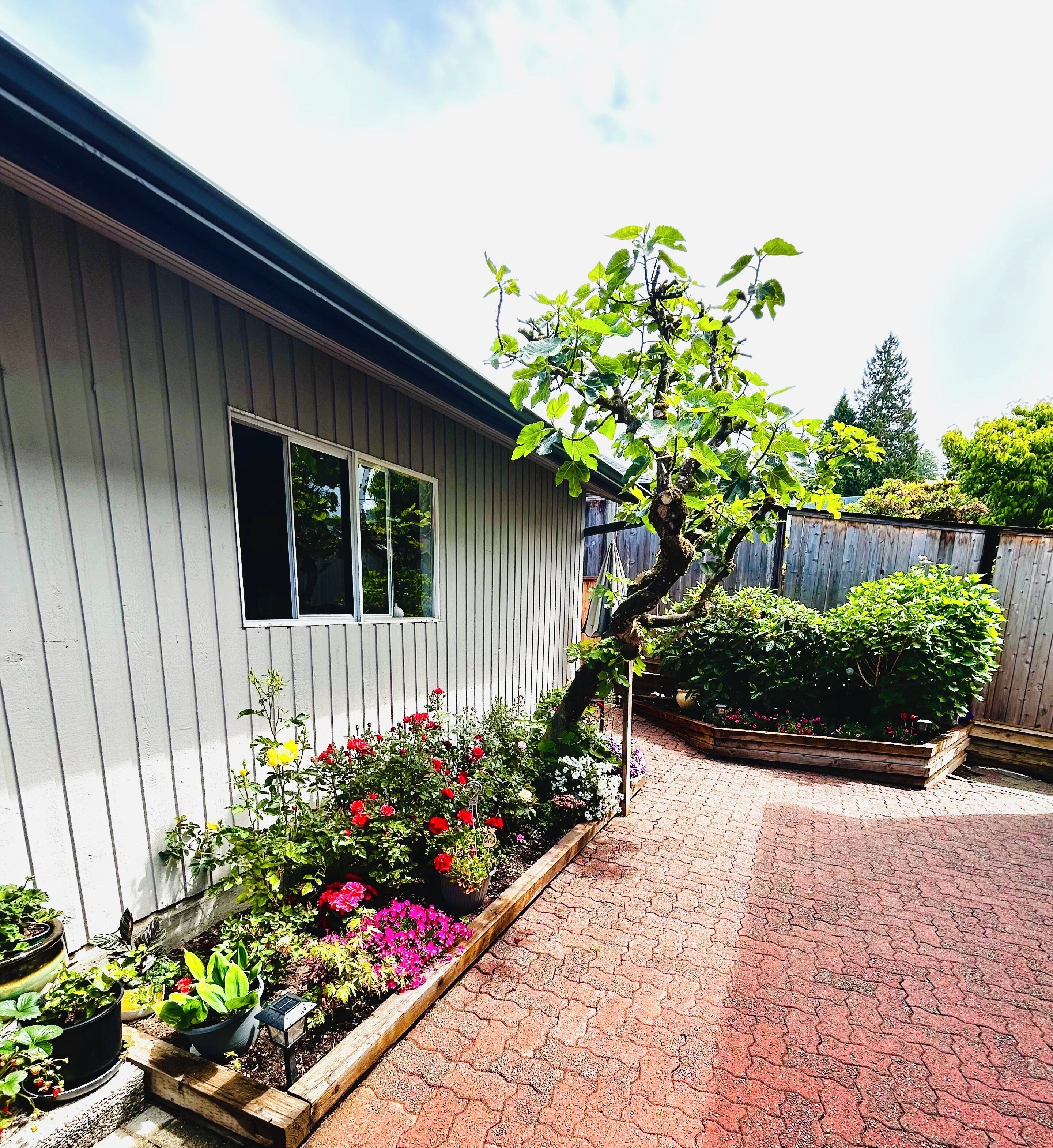 Una propiedad residencial con jardín, una terraza de madera y una casa con ventana.