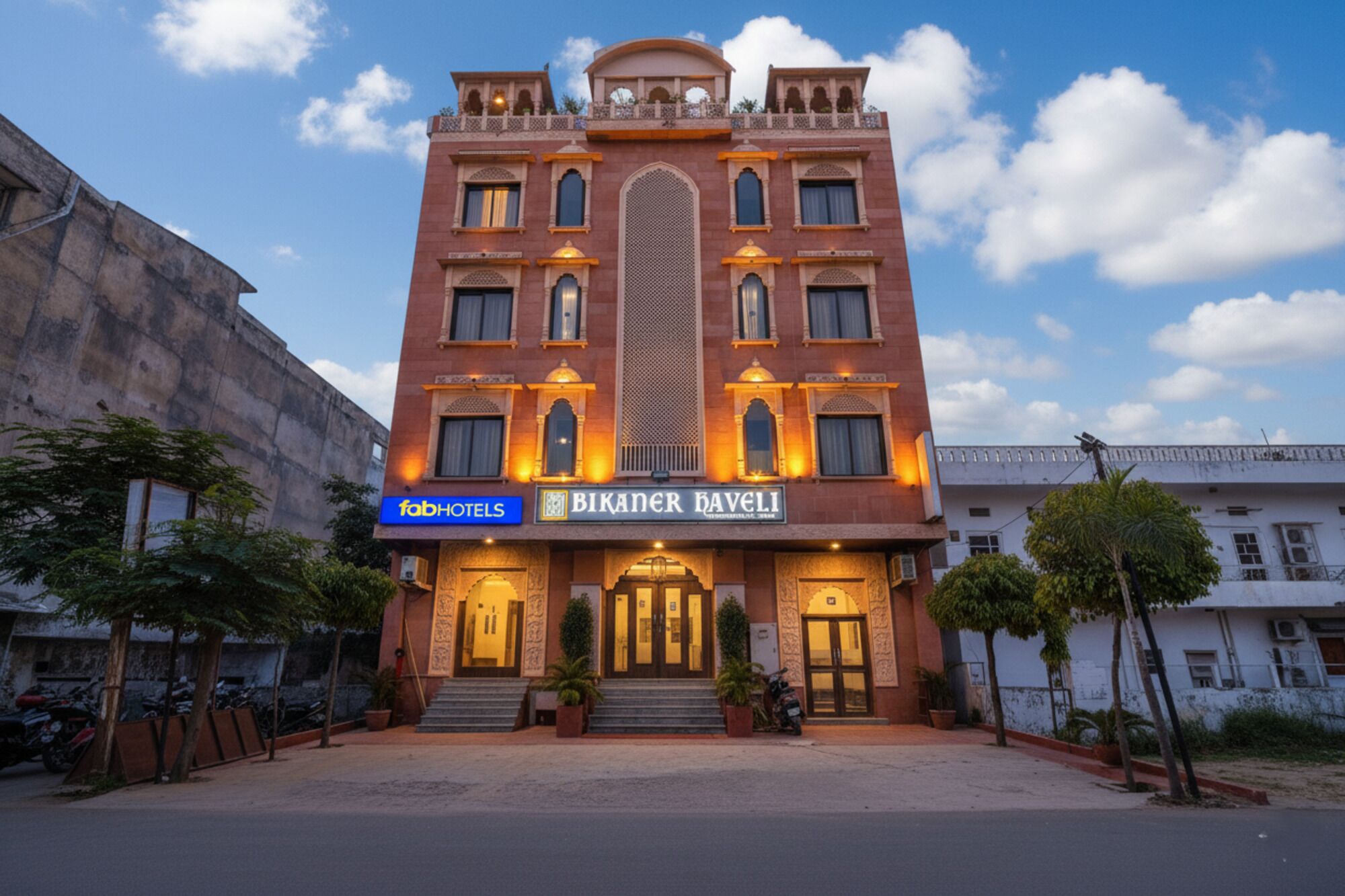 A building with a sign for 'BIKANER HAVELI' and 'fabHOTELS'.