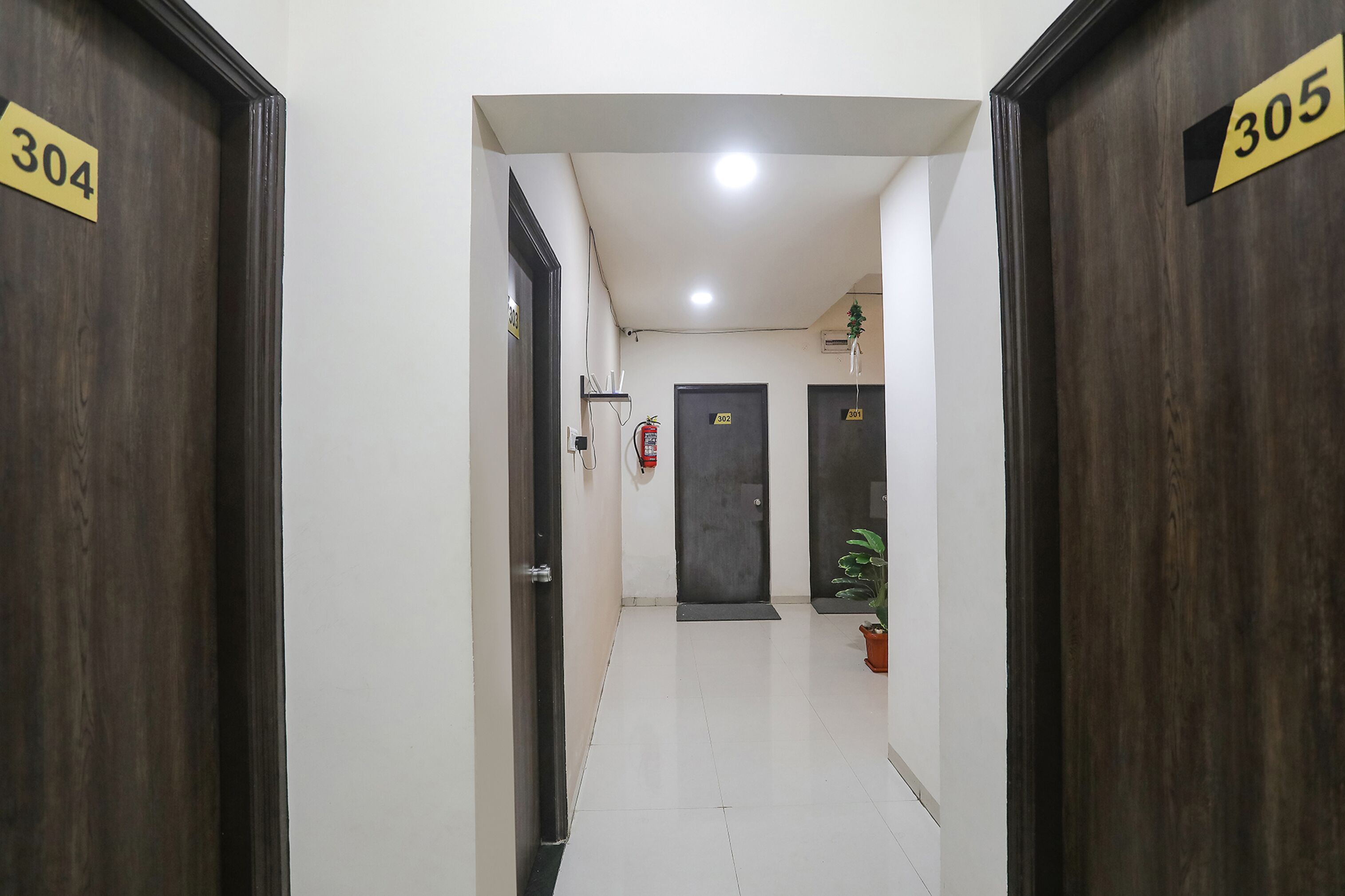 A hotel hallway with doors numbered 304 and 305, a fire extinguisher, and a potted plant.