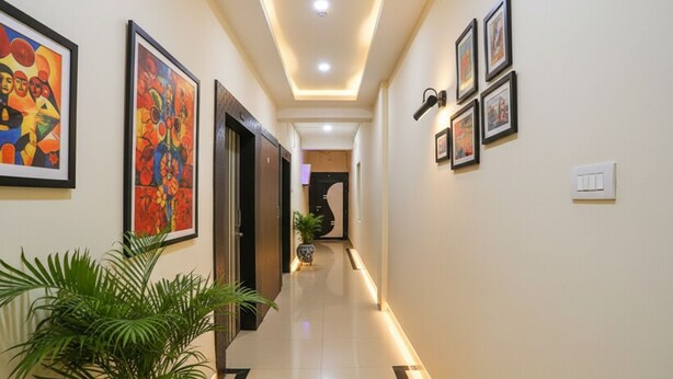 A hallway with framed artworks on the walls, a potted plant, and a door at the end. - FabHotel Greenland Classic (Bhubaneshwar)