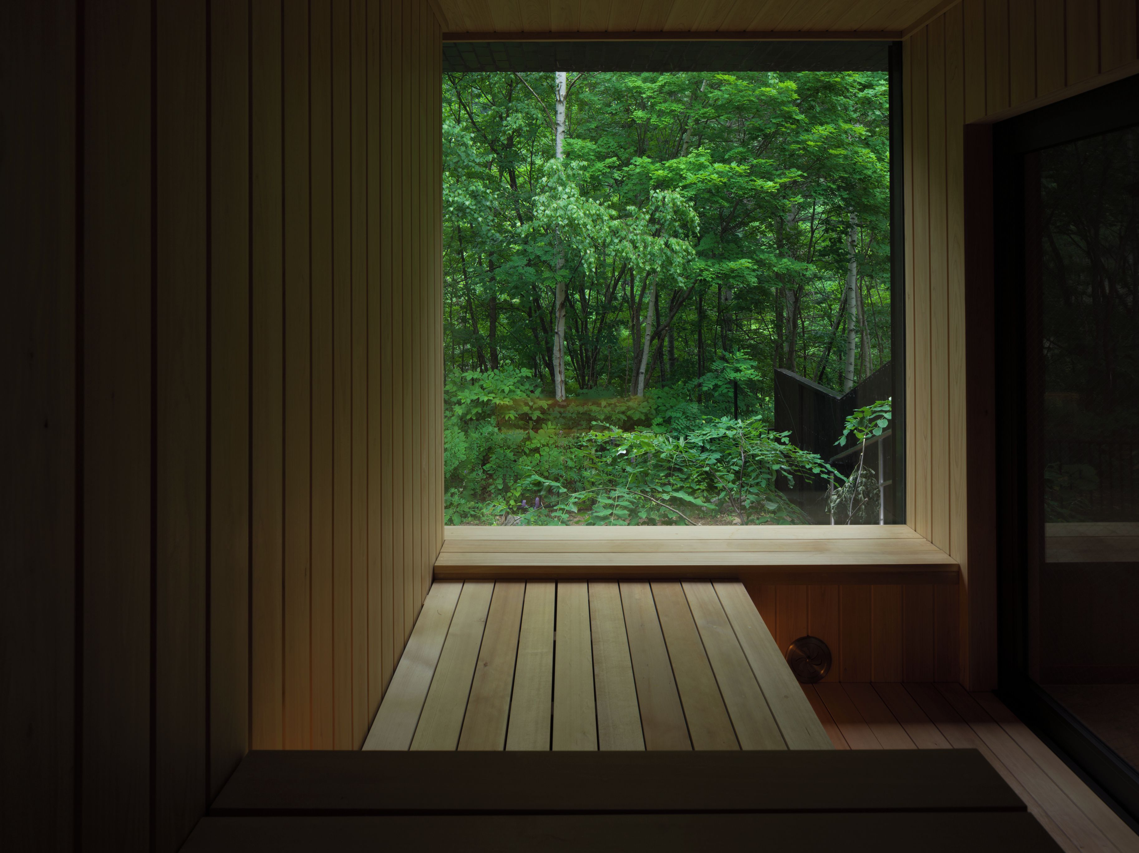 Una habitación con un ventanal grande que da a un bosque.