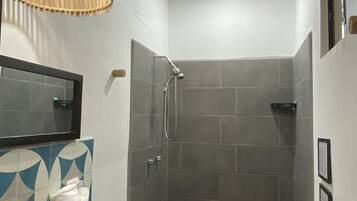 Shower, bidet, towels, soap