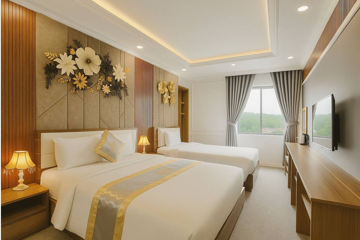 A hotel room with two beds, a wooden headboard, a large window with curtains, a flat-screen TV, and a bedside table with a lamp.