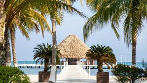 A pathway leading to a thatched-roof structure surrounded by palm trees and a beach view. - Villa Castello- Water Views Resort Amenities (Placencia)