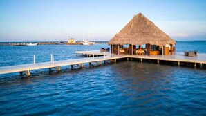 A thatched-roof overwater bungalow with a wooden deck extending into the water, a clear view of the sea, and a distant pier with boats. - Villa Castello- Water Views Resort Amenities (Placencia)