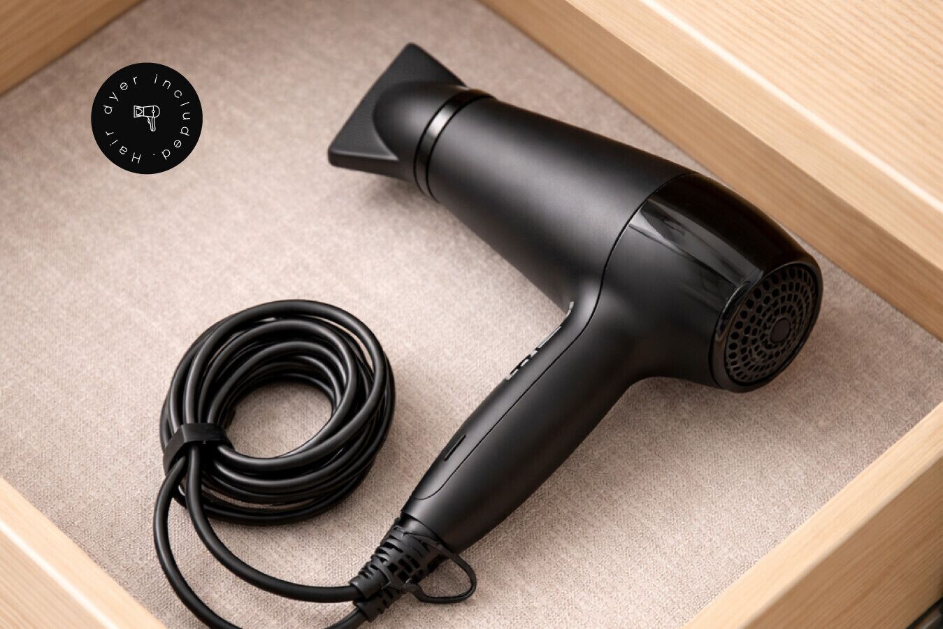 A hair dryer with a coiled cord in a wooden drawer.