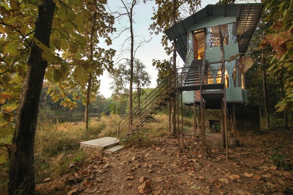 Una casa en el árbol con una escalera que conduce a una entrada con ventanas.