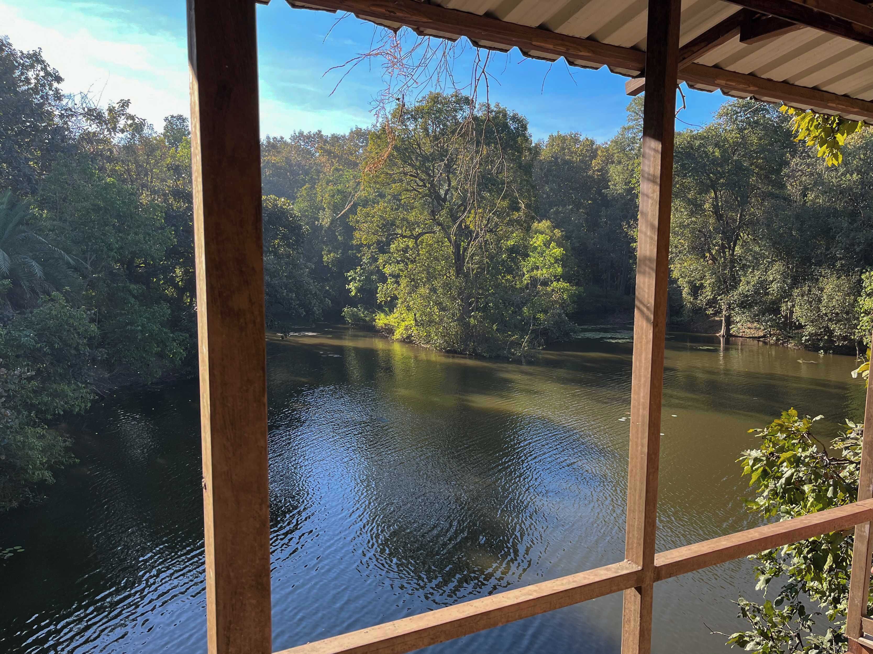 A view of a river from a wooden structure with a roof, surrounded by dense greenery and trees.