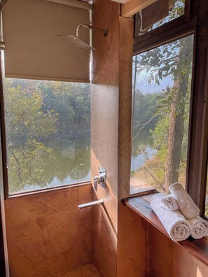 Casa de campo estándar, 1 habitación, vistas al jardín, junto al lago | Baño | Ducha y cabezal de ducha tipo lluvia