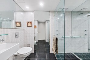 Douche, séchoir à cheveux, serviettes fournies
