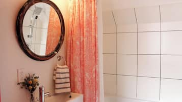 Hair dryer, towels, soap, shampoo