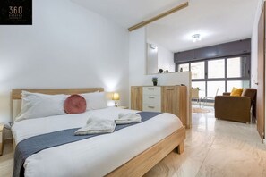 1 bedroom, desk, iron/ironing board, travel cot