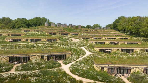 A series of terraced buildings with a central pathway, surrounded by lush greenery and white flowers.