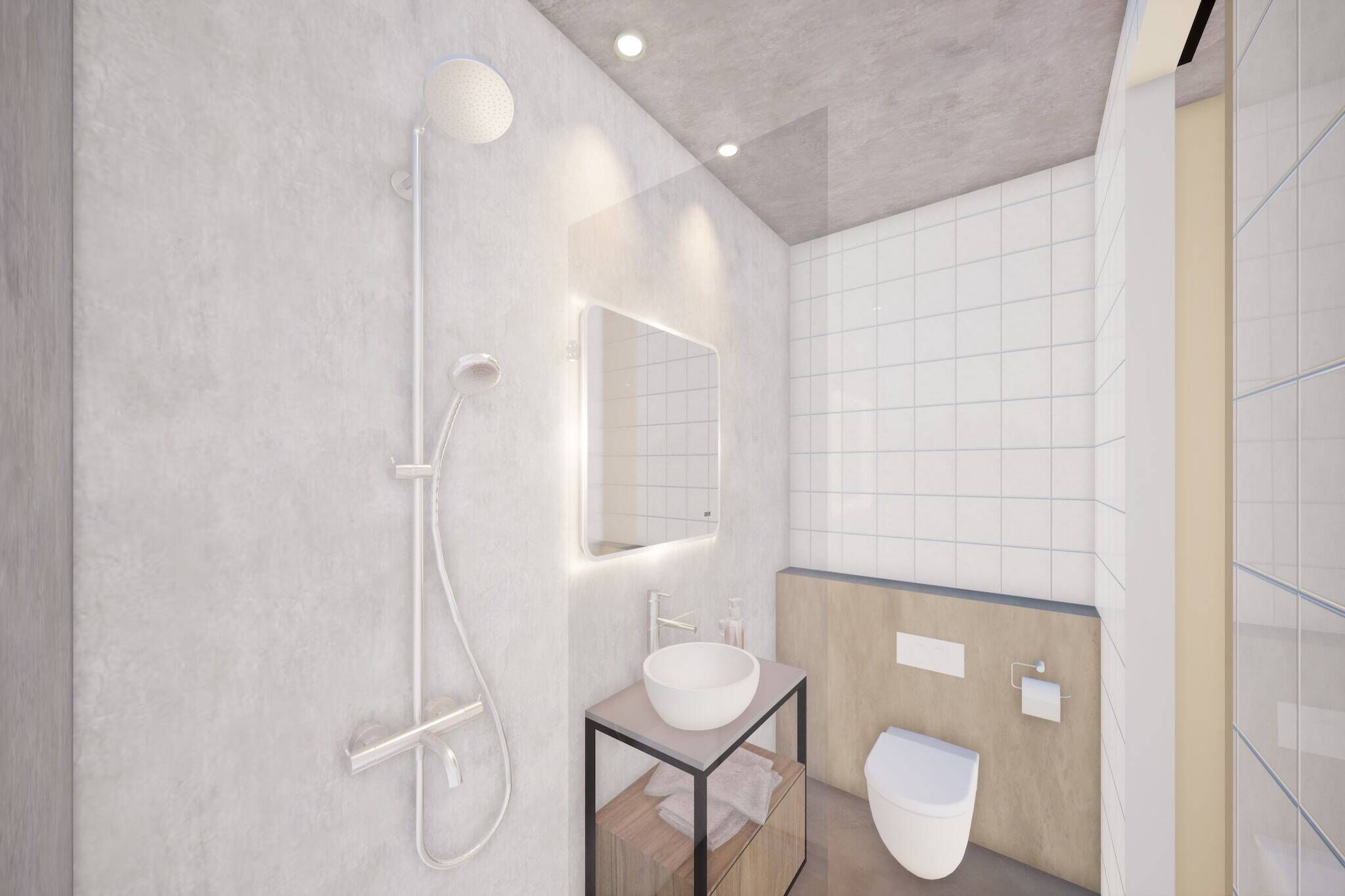 A modern bathroom with a large mirror, a round showerhead, a toilet, and a sink with a wooden base.